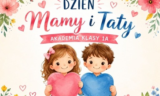 Baner Dzień mamy i taty, rysunek dziewczynki i chłopca trzymających serca w dłoniach