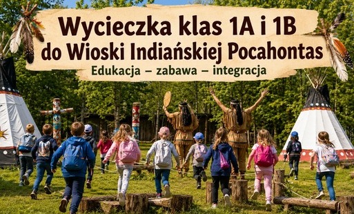Grafika dzieci biegnących do indiańskiej wioski, w tle indianie i wigwamy
